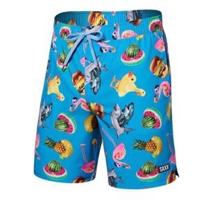 Saxx Oh Buoy 2in1 Volley 7" Swim Shorts Mega Meta Floaties Blue Size Small
